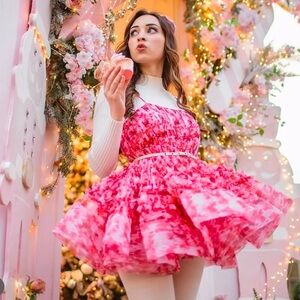 Lace & Beads Bethan tulle bodysuit mini dress in floral pink dresss.